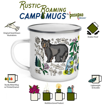 Infographic showing the mugs features, which include hand-drawn illustrations, sturdy metal material with vibrant printing, lightweight, durable, and shatter proof. There is a photo of the mug in the middle and there are illustrations below it showing other uses like arranging wildflowers in it,  holding a candle, and using to take items to the bathhouse like a toothbrush and toothpaste.