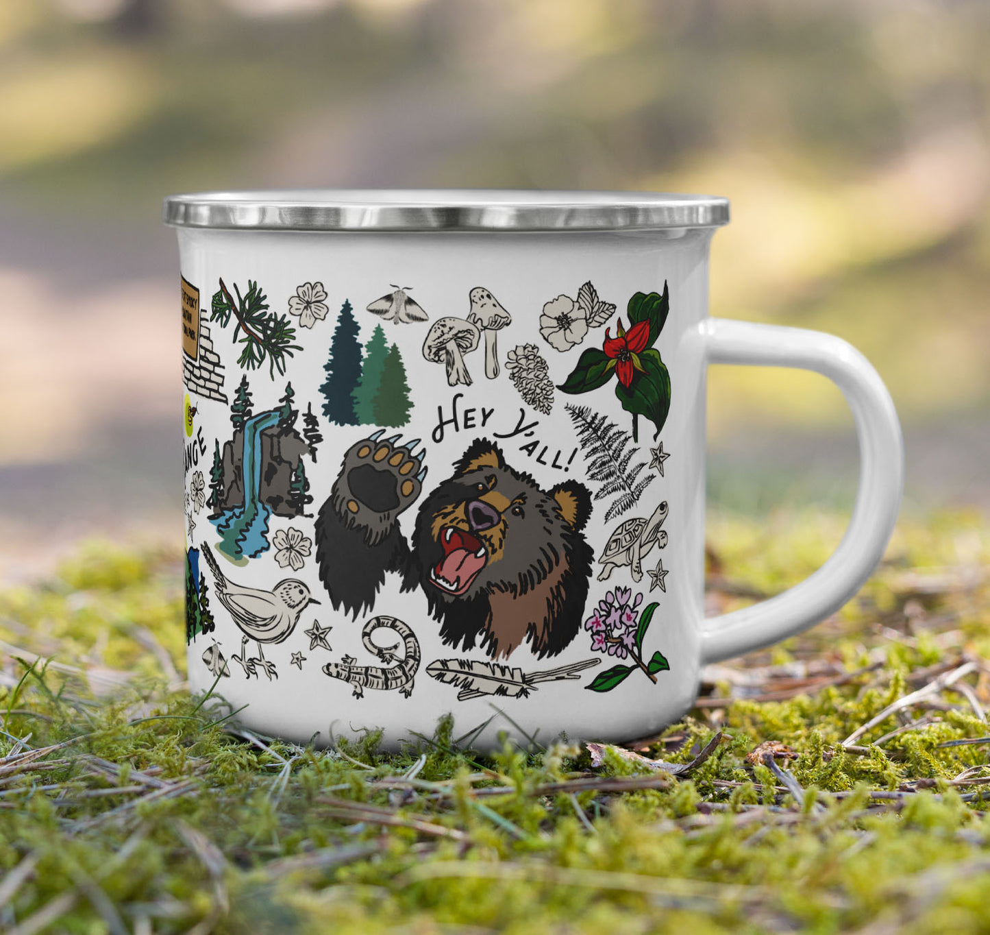 Smokies enamel camp mug on moss.