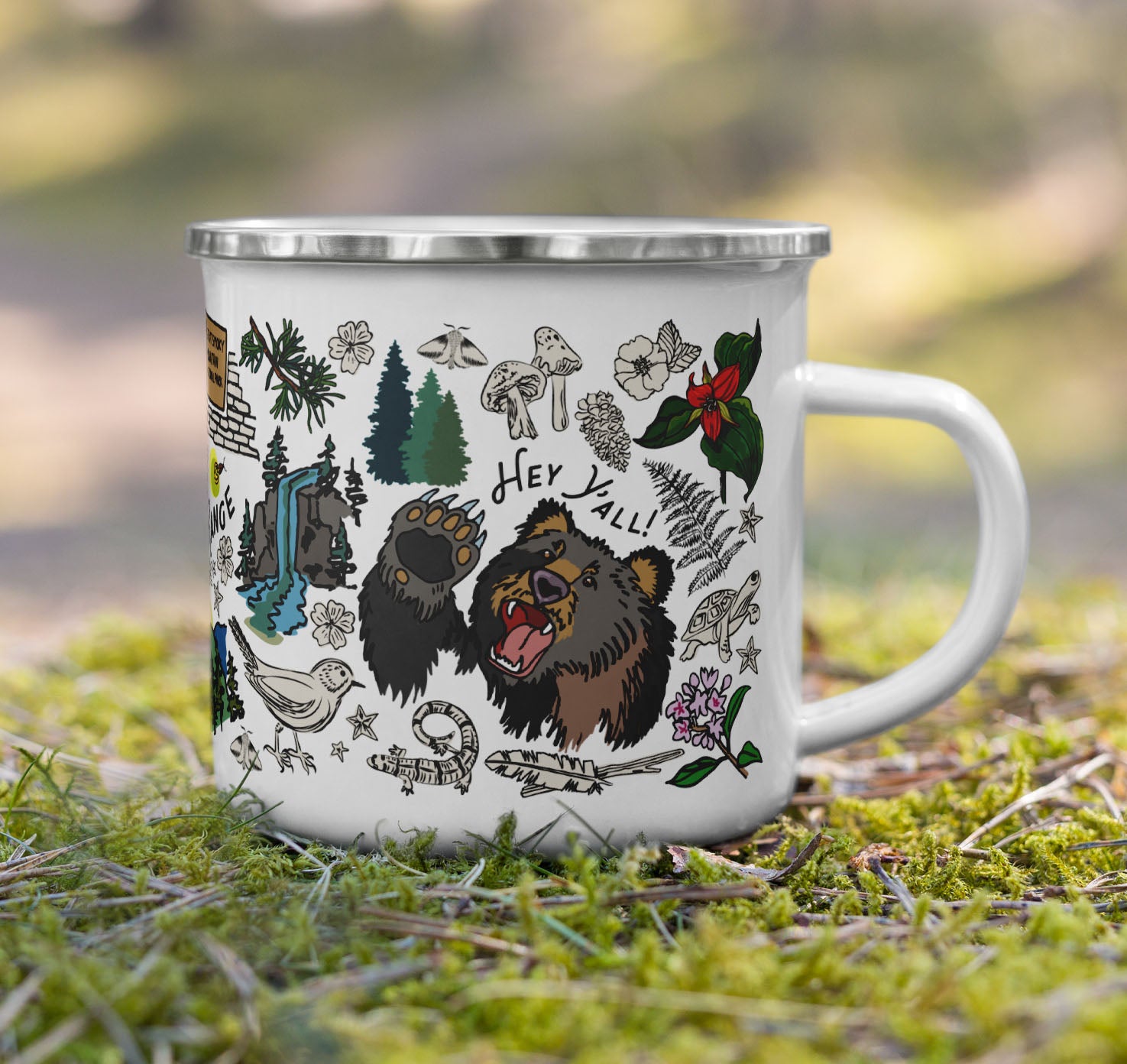 Smokies enamel camp mug on moss.