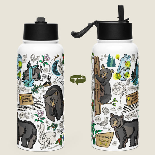 Image of two Smoky Mountains water bottles, each turned in a different direction to show the artwork. There are illustrations of black bears, pine trees, Mason jars with fireflies, waterfalls, stars, National Park signs, and various forest  animals woven into the design.