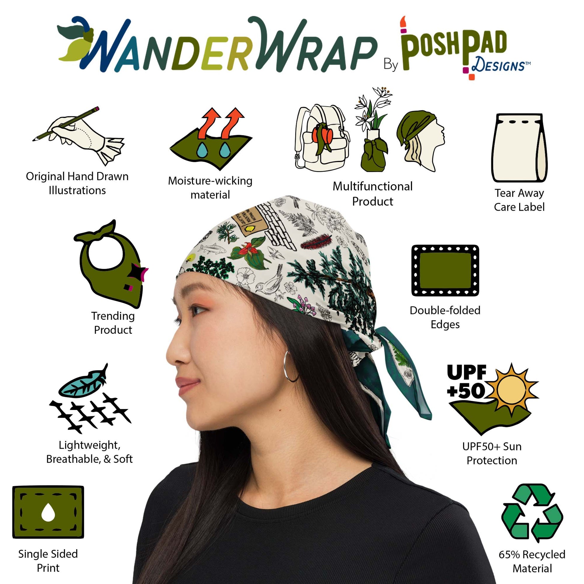 Photo of the Smoky Mountain bandana scarf. The bandana is tied around a woman's head. The bandana is a multi-functional product that can be used as a headband, scarf, or face mask. The bandana is made of moisture-wicking material and has double-folded edges. The bandana is lightweight, breathable, and soft. The bandana is made with 65% recycled material and has UPF 50+ sun protection.