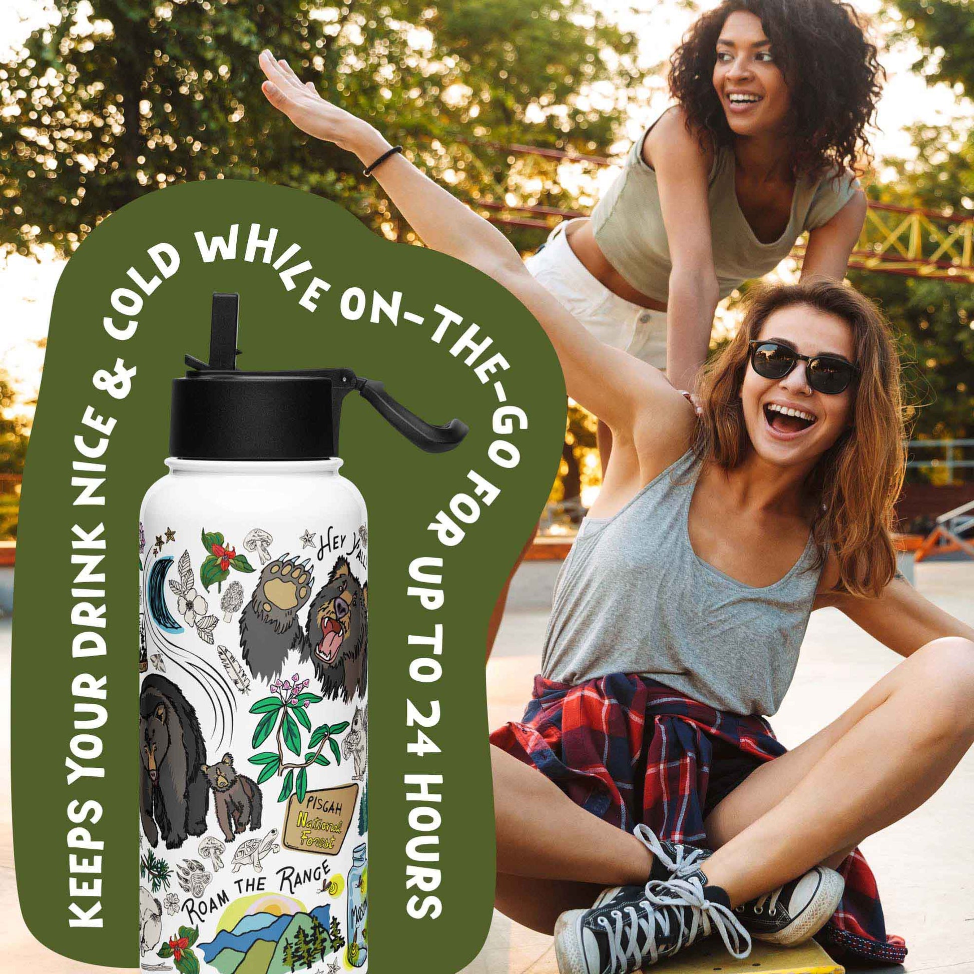 There is a photo of the water bottle laid on top of a green organic shape. The words "Keeps you drink nice & cold while on the go for up to 24 hours" are written around the water bottle. There's a background photo of two women in an urban setting. One woman is pushing the other on a skateboard.