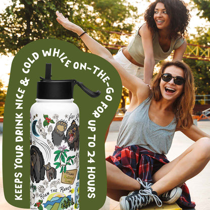 There is a photo of the water bottle laid on top of a green organic shape. The words "Keeps you drink nice & cold while on the go for up to 24 hours" are written around the water bottle. There's a background photo of two women in an urban setting. One woman is pushing the other on a skateboard.