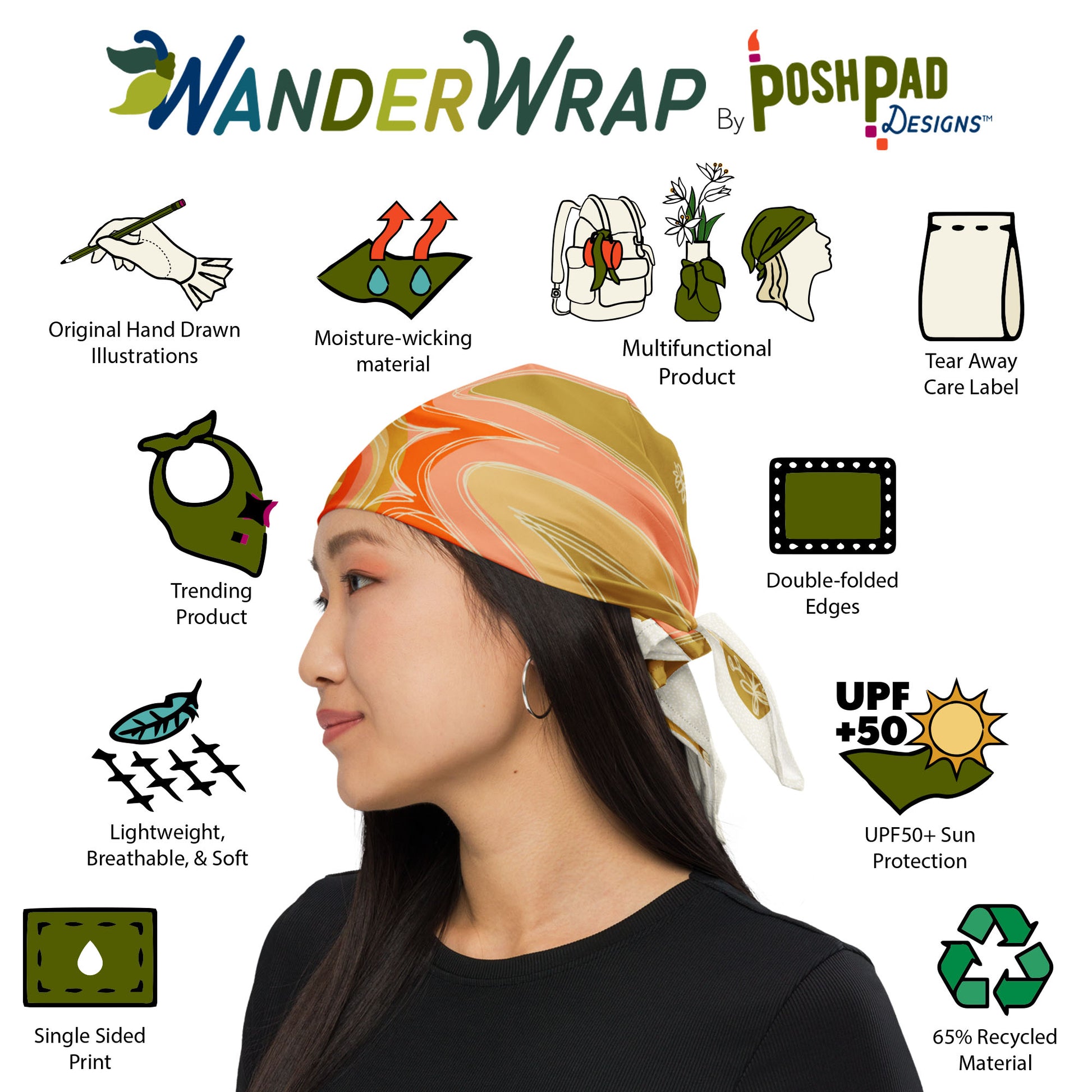 This is an image of illustrations showing features and a photo of a woman wearing the scarf bandana as a head wrap. Features include moisture-wicking recycled material, UPF sun protection, tear-away label, trending product, and double-folded edges.