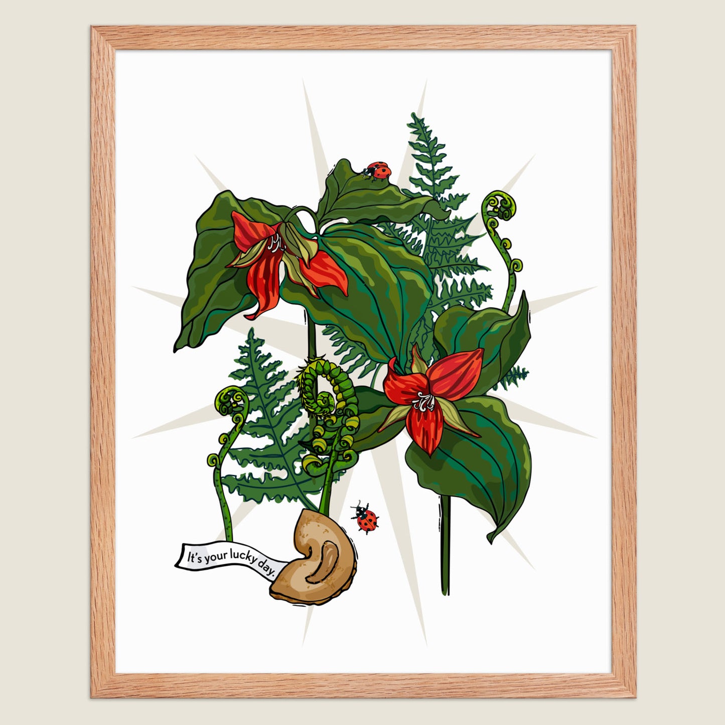 Red trillium flowers, ferns, and fortune cookies art print in a natural wood frame.