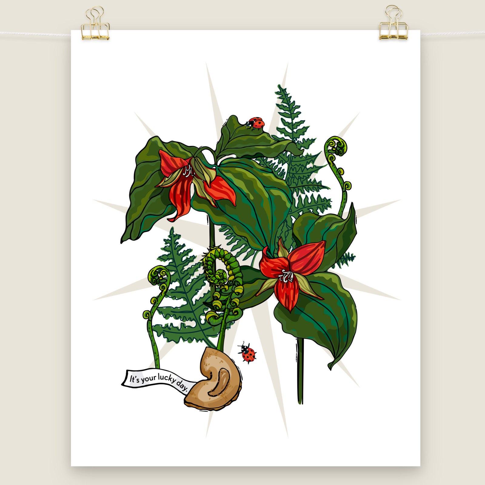 Trillium Fern and Fortune Cookie art print.