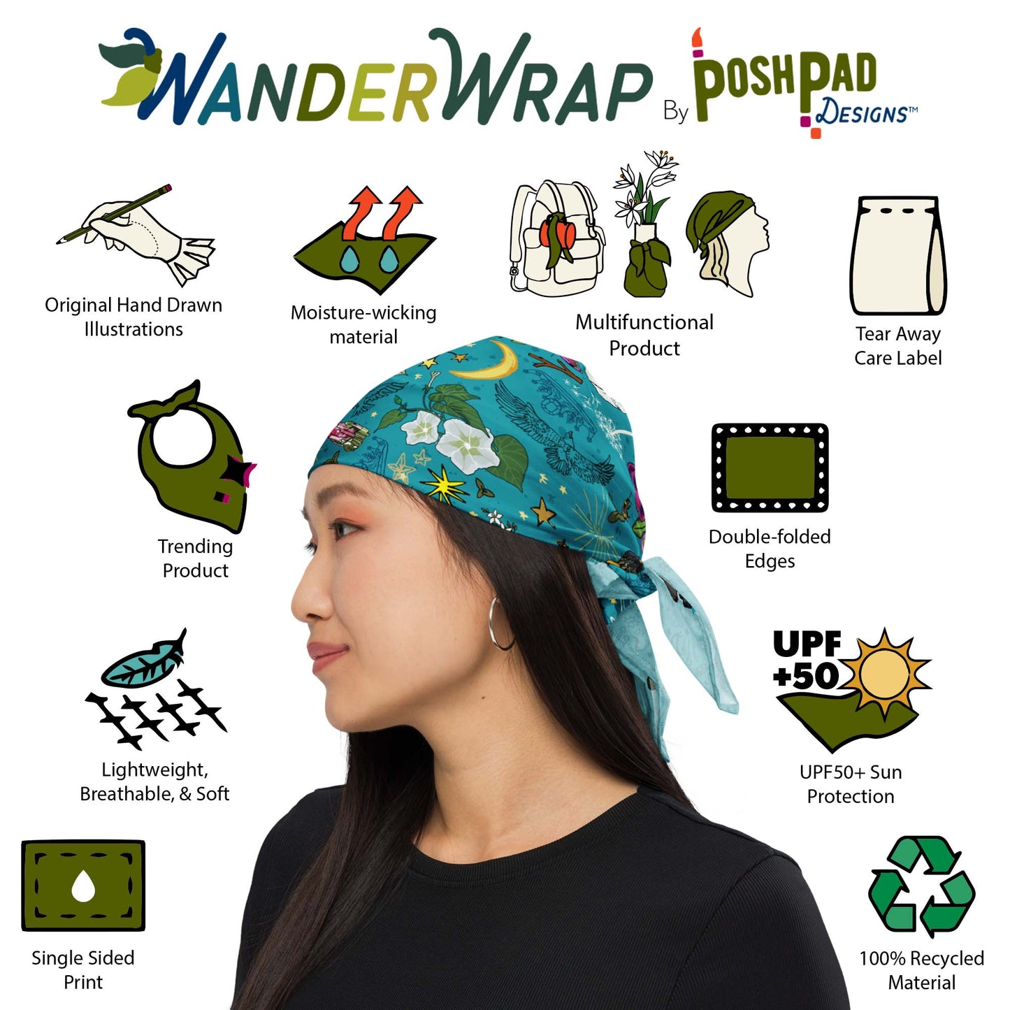This is an image of illustrations showing features and a photo of a woman wearing the scarf bandana as a head wrap. Features include moisture-wicking, maade of 100% recycled material, UPF sun protection, tear away label, trending product, and double-folded edges.