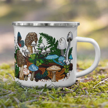 White mushroom mug on moss.