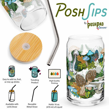 This infographic shows an angle of the glass with the lid and straw sitting beside it and a photo of the glass by itself. Product perks include a wide top that makes it easy to add ice and fruit, high-quality printing, an available option with a reusable metal straw and eco-friendly bamboo lid, and it holds 16 ounces of liquid.