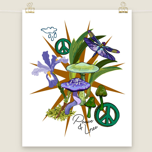 Wild Iris, Mushrooms, and Peace Signs art print.
