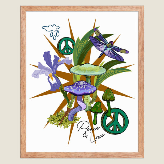 Wild Iris and Peace Sign art print in a natural wood frame.
