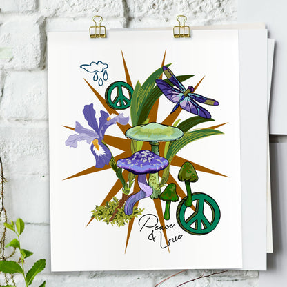 Peace & Love Wild Iris art print hanging from a white bring wall with gold clips.