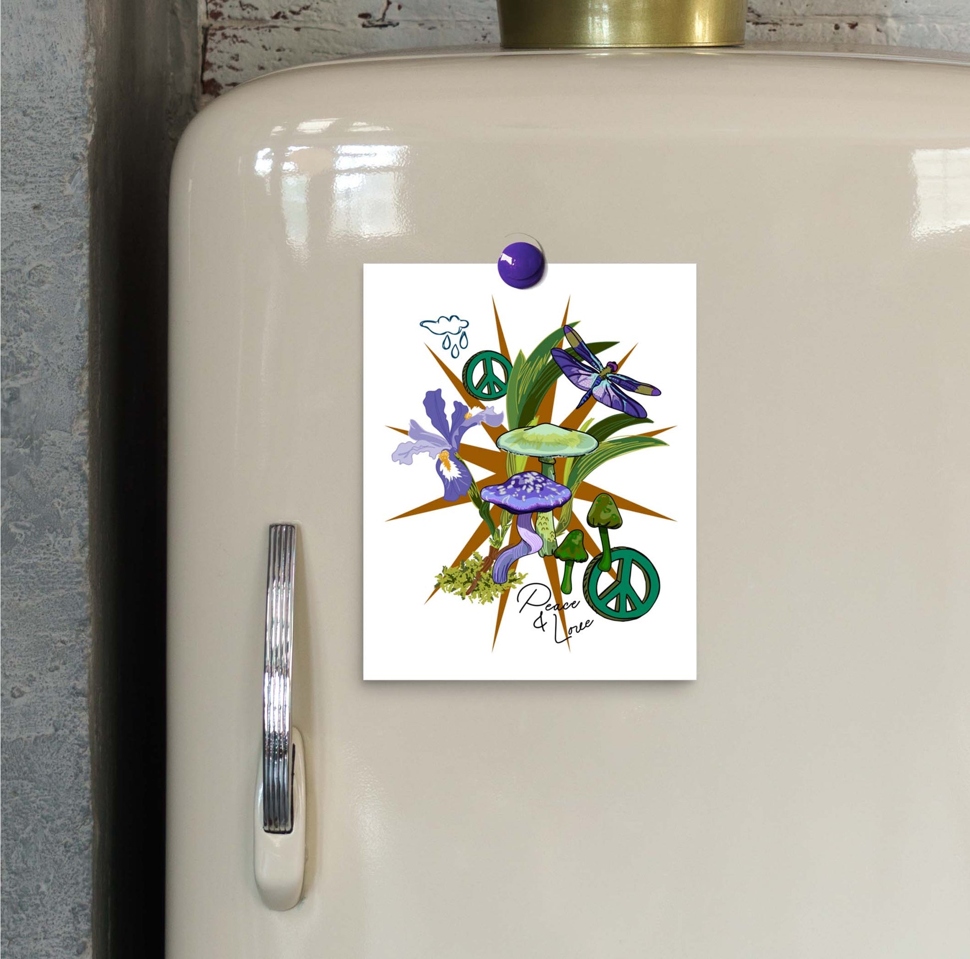 Wild Iris, mushrooms, and peace signs art print hung on an ivory vintage refrigerator door with a magnet.