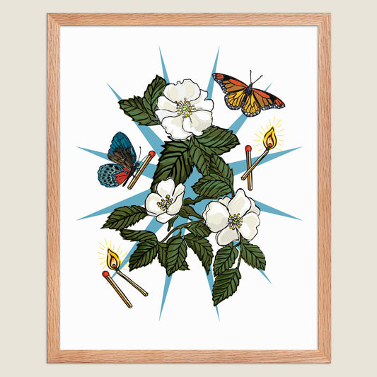 Wild Roses and Butterflies art print in a natural wood frame.