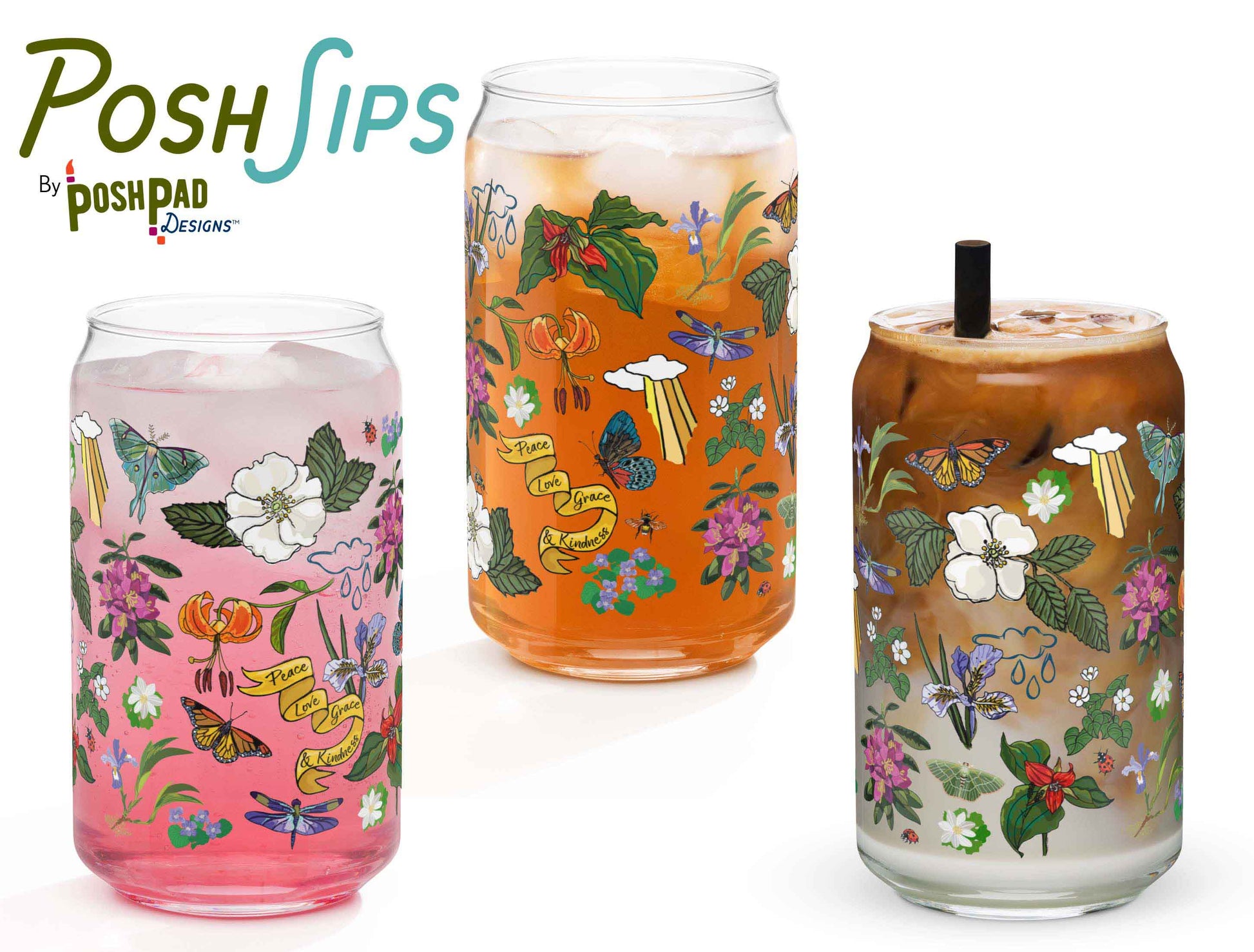 This image shows three glasses, each one with a different drink to show how the glass looks with differently colored liquid in it. There's a glass of pink drink, iced tea, and another with an iced latte.