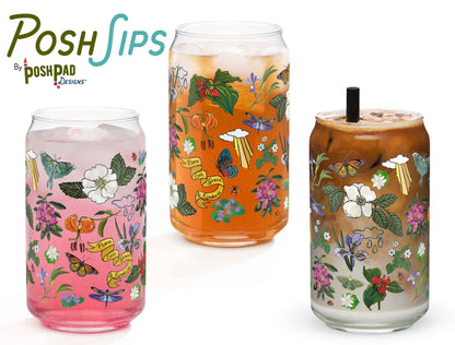 This image shows three glasses, each one with a different drink to show how the glass looks with differently colored liquid in it. There's a glass of pink drink, iced tea, and another with an iced latte.