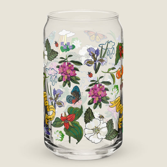Wildflower glass tumbler on an ivory background.