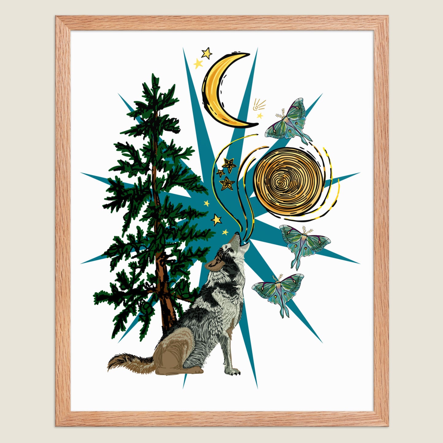 Wolf Moon art print in a natural wood frame.