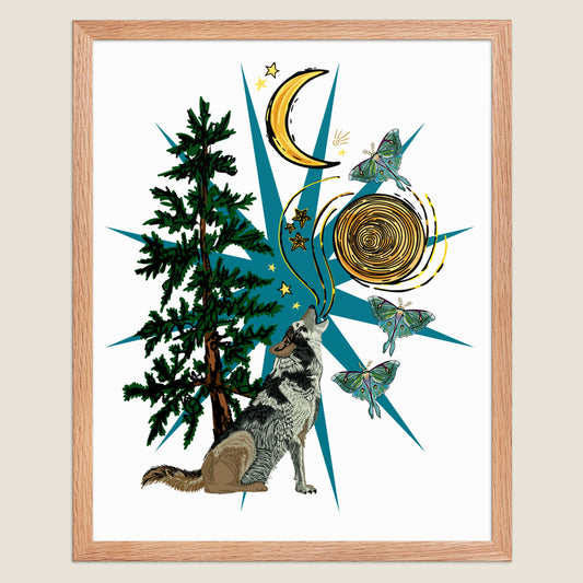 Wolf Moon art print in a natural wood frame.
