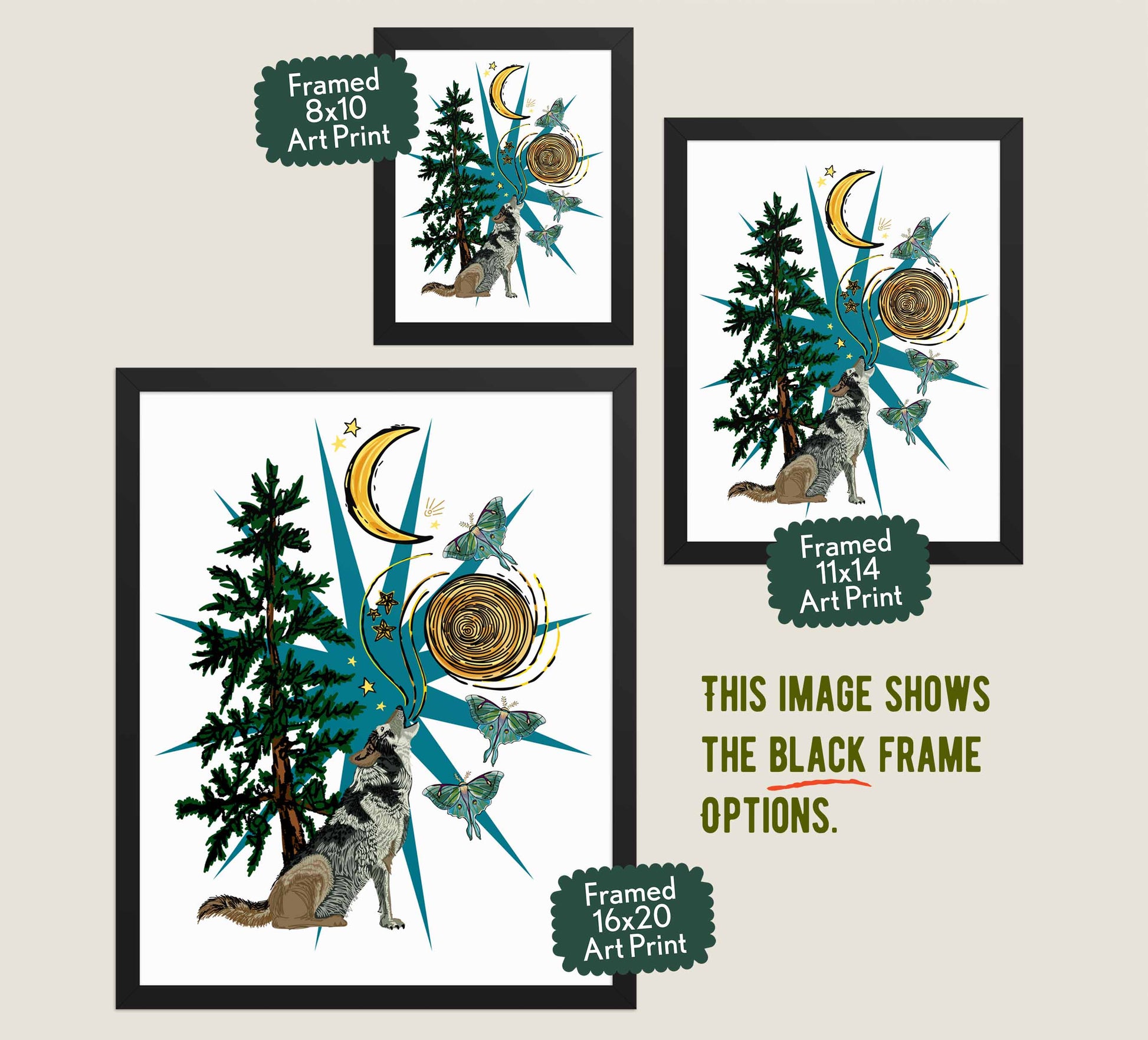 This image shows the three available sizes, which are 8x10, 11x14, and 16x20. This image shows them all in black wood frames.