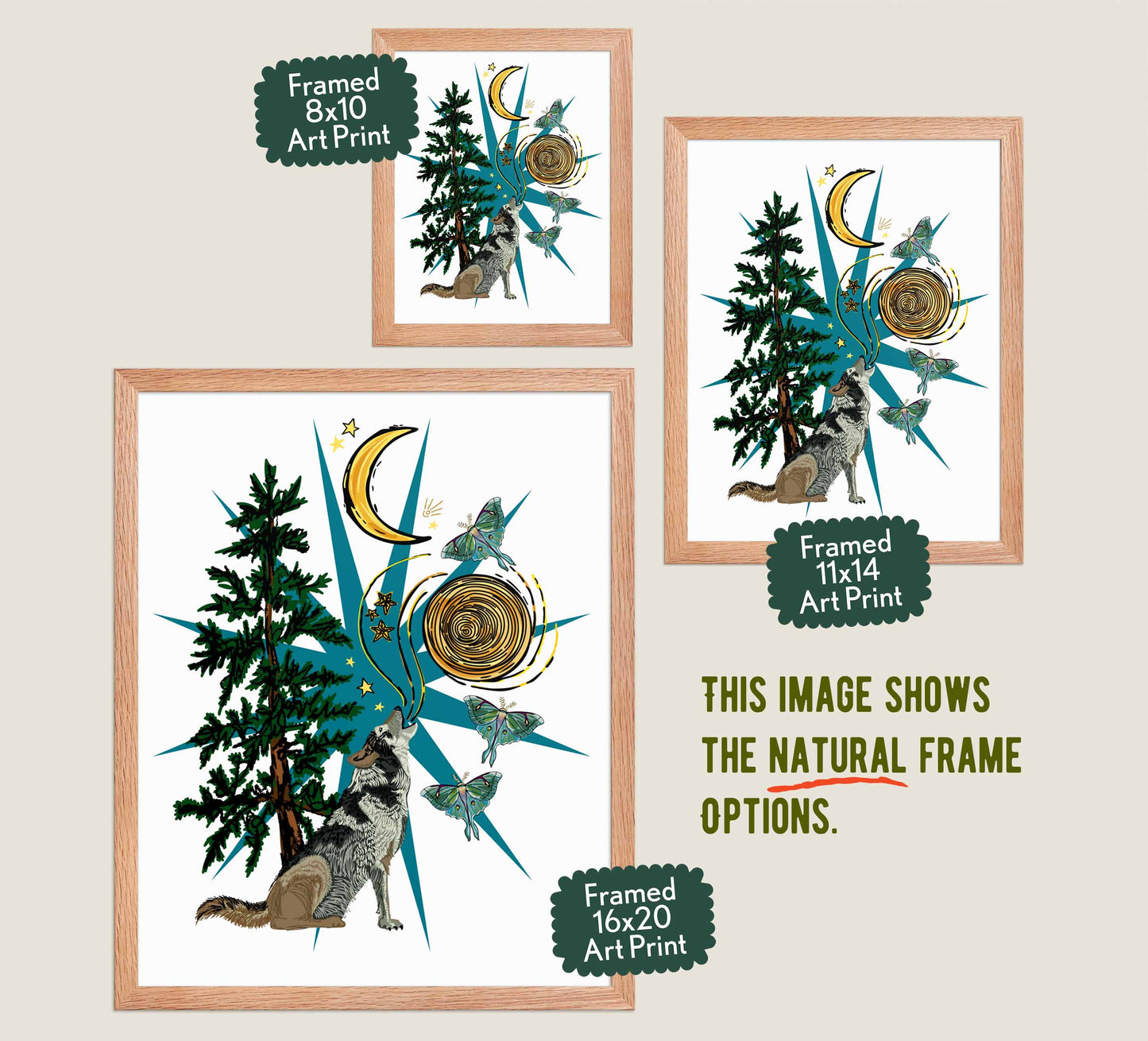 This image shows the three available sizes, which are 8x10, 11x14, and 16x20. This image shows them all in natural wood frames.