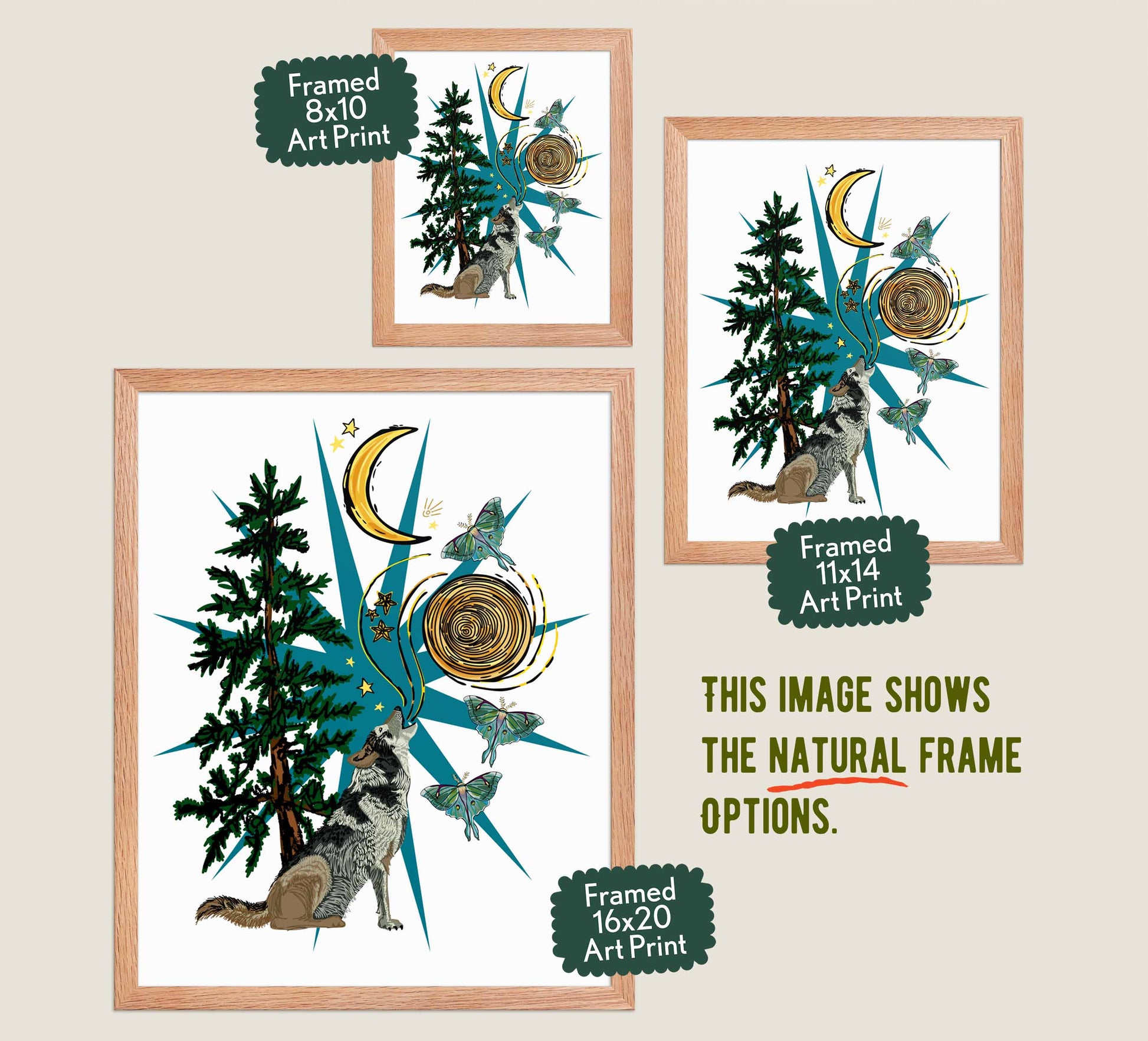 This image shows the three available sizes, which are 8x10, 11x14, and 16x20. This image shows them all in natural wood frames.