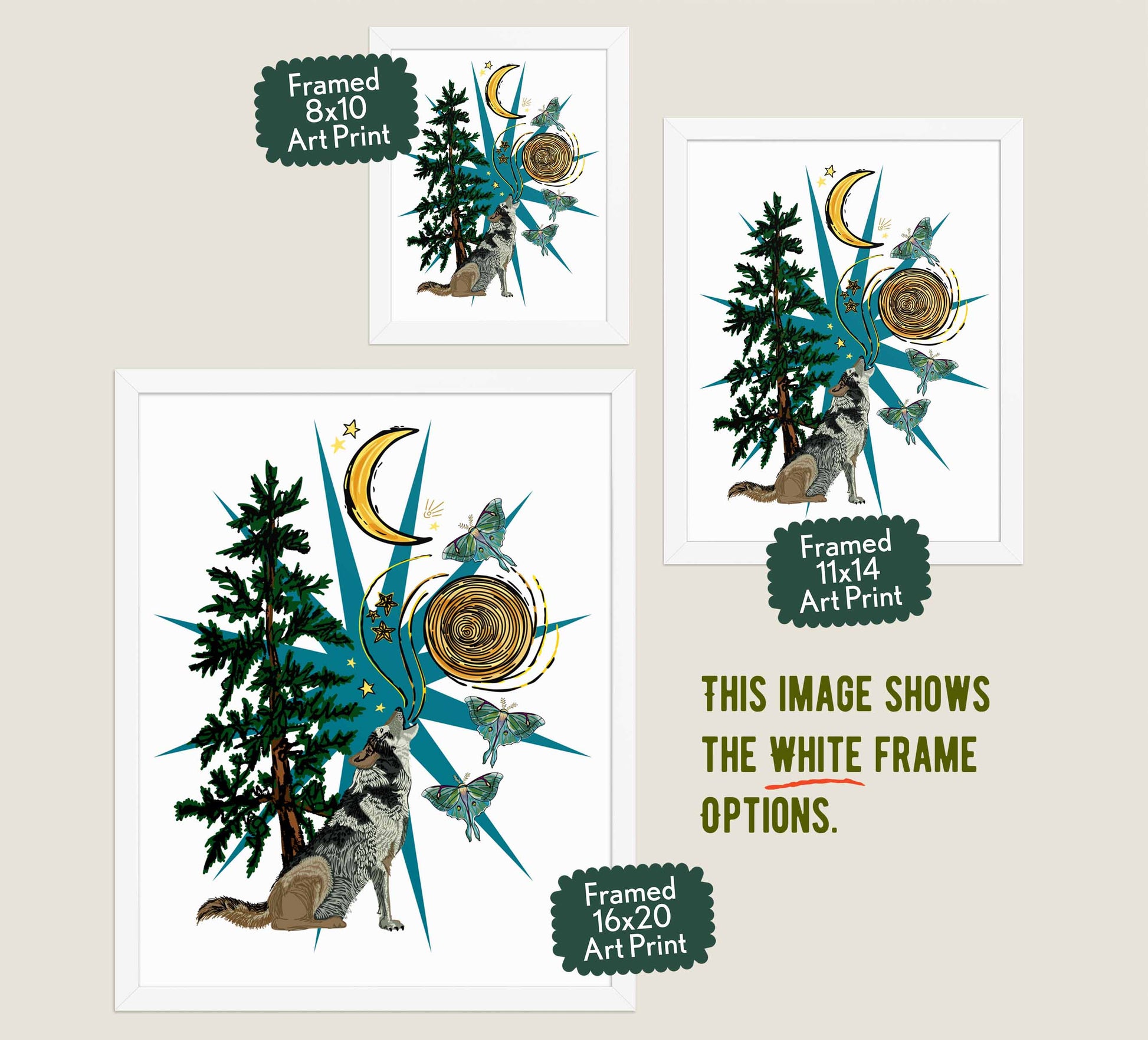 This image shows the three available sizes, which are 8x10, 11x14, and 16x20. This image shows them all in white wood frames.