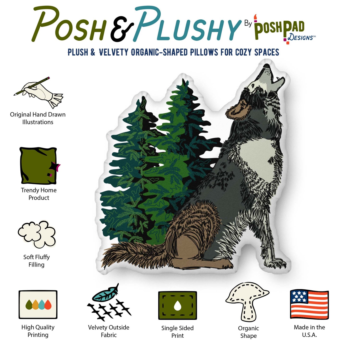 This is an infographic that highlights the features of the pillow. The features include soft fluffy filling, velvety fabric, and high-quality printing. The original hand-drawn art is printed on one side.