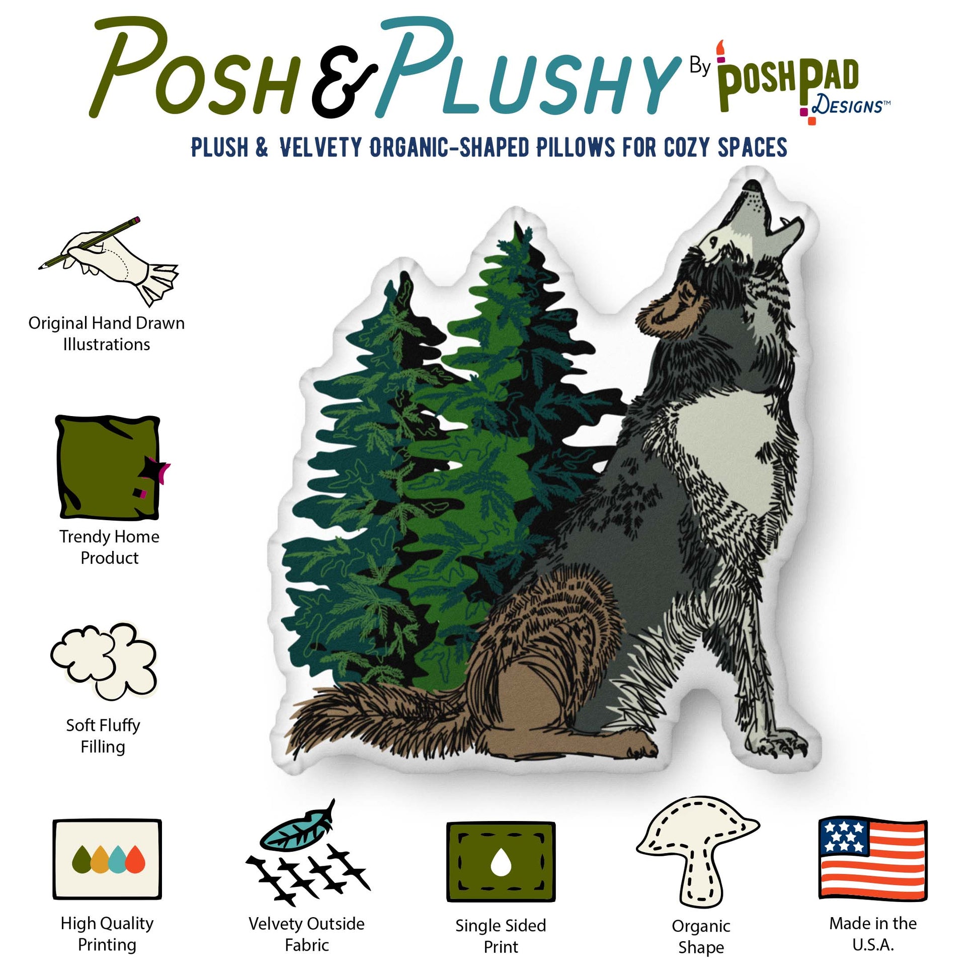 This is an infographic that highlights the features of the pillow. The features include soft fluffy filling, velvety fabric, and high-quality printing. The original hand-drawn art is printed on one side.