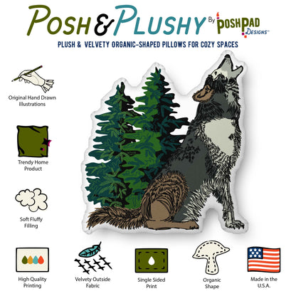 This is an infographic that highlights the features of the pillow. The features include soft fluffy filling, velvety fabric, and high-quality printing. The original hand-drawn art is printed on one side.