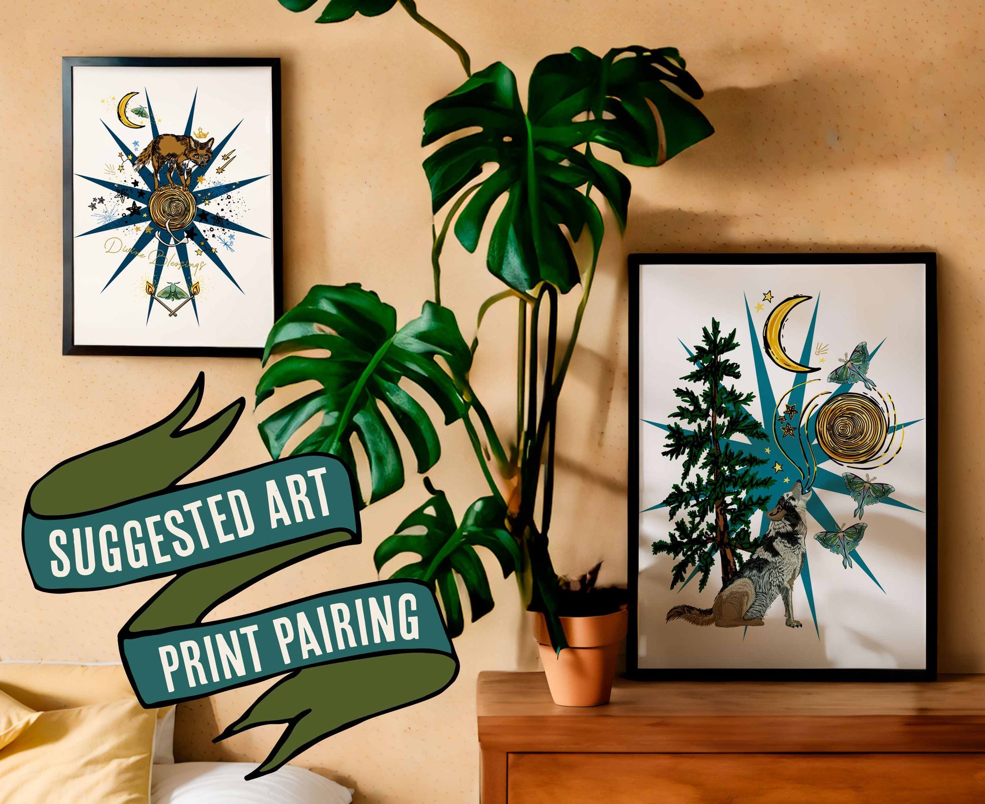 This photo shows a suggested art print pairing. This pairing shows the Wild Wolf Moon & Luna Moths art print in a black frame on a dresser with a plant. The companion print is the Celestial Fox art print, which is in a black frame on the wall.