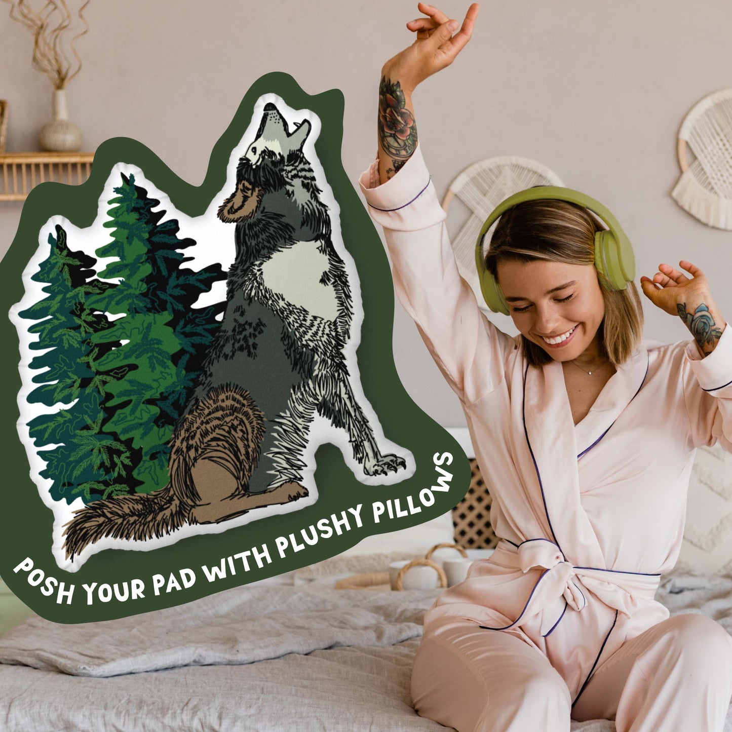 This image shows a photo of the rabbit-shaped pillow in a green organic shape. Inside the shape are the words "Posh your pad with plushy pillows". In the background, there is a photo of a woman in pajamas wearing headphones and sitting on a bed.