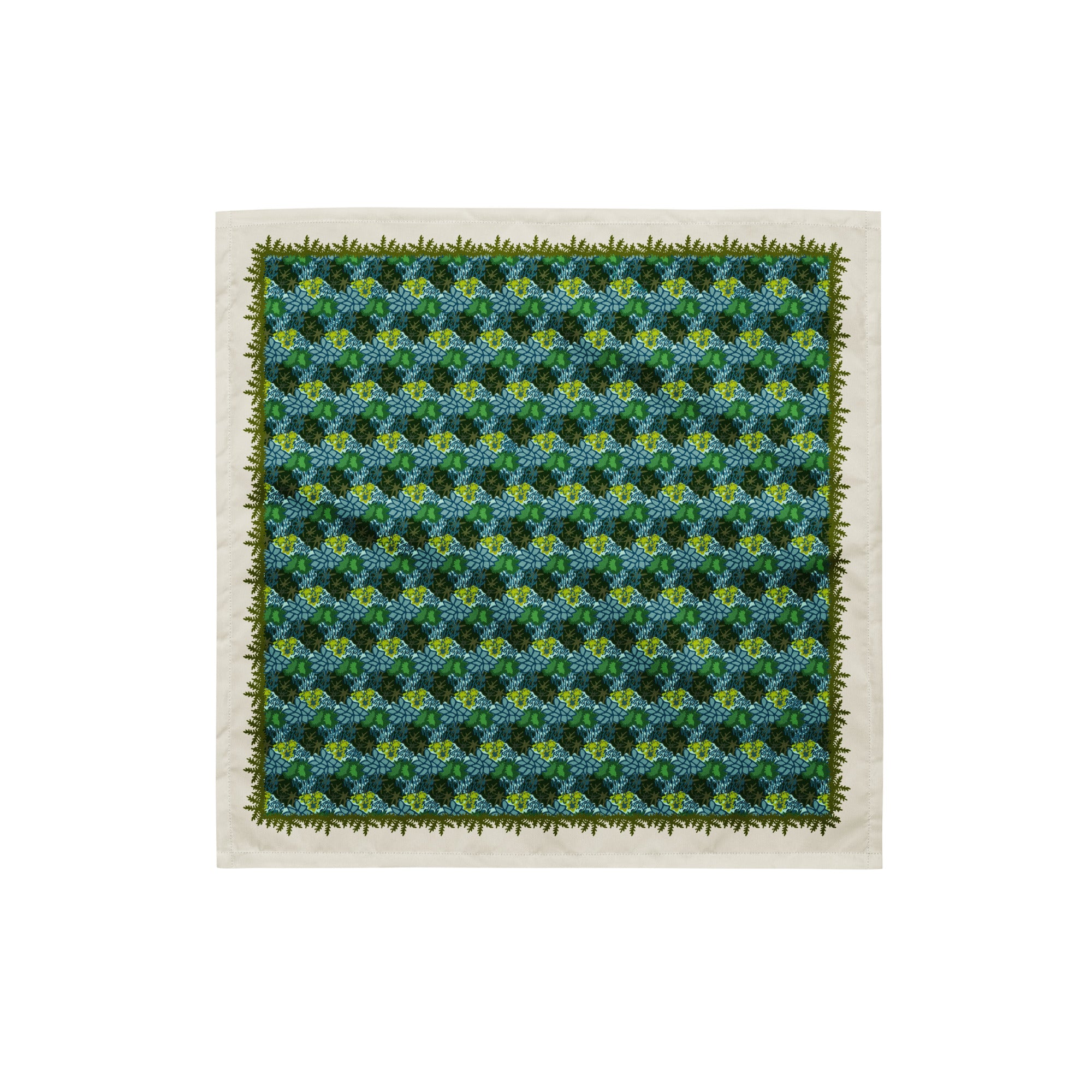 This is a flat view of the whole bandana scarf. It shows the illustrations of white and brown mushrooms, fall leaves, ferns, moss and white moon flowers.