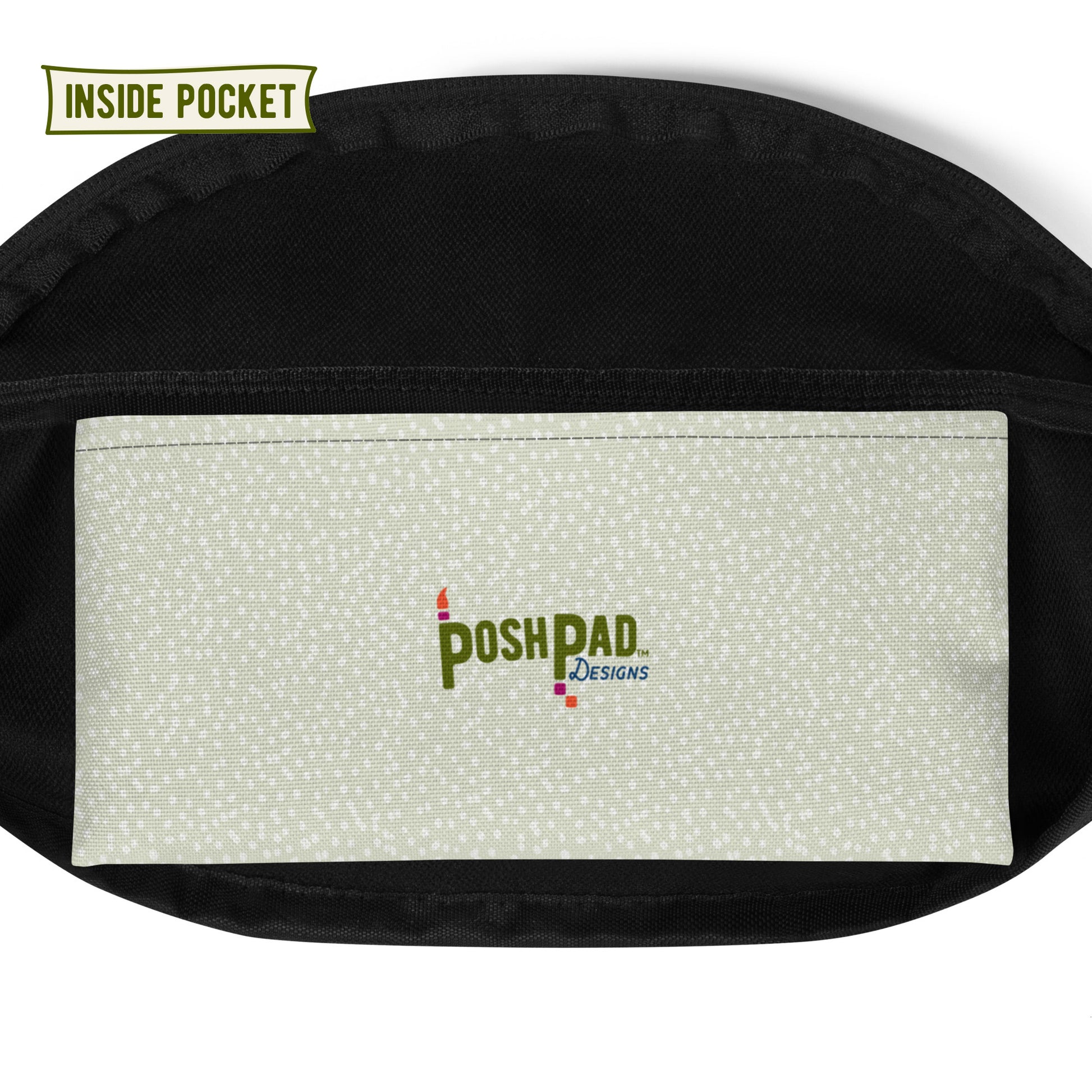 Interior pack pocket. It's ivory with the Posh Pad logo in the middle.