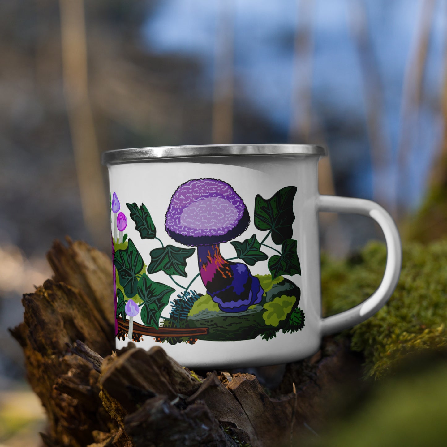 Purple Mushroom Enamel Camp Mug | Sturdy Camping Coffee Cup | Forest-Themed Mug | Soup Mug with Handle | Hot Chocolate Campfire Cup | Drinkware | Tea Cup