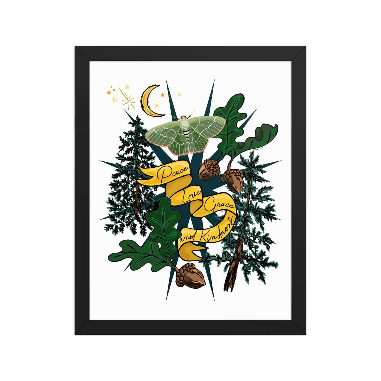 Forest Moth and Moon Framed Art Print | Appalachian Rococo Poster | Luck Charms | Peace & Love | Crescent Moon | Apartment Wall Decor | Black Wood Frame | 11x14