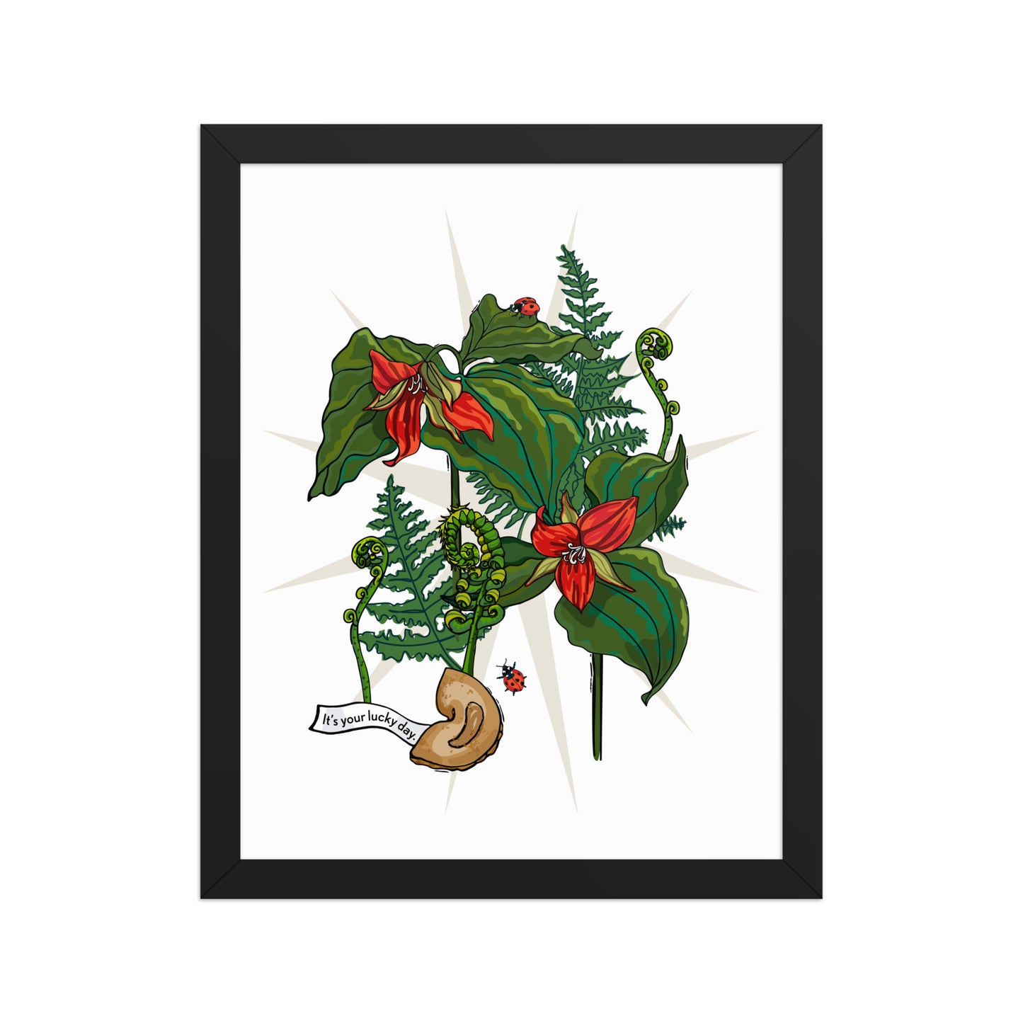Flower Lucky Ladybug Framed Art Print | Appalachian Rococo Poster | Red Trillium | Fortune Cookie | Fern | Apartment Wall Decor | Black Wood Frame | 11x14