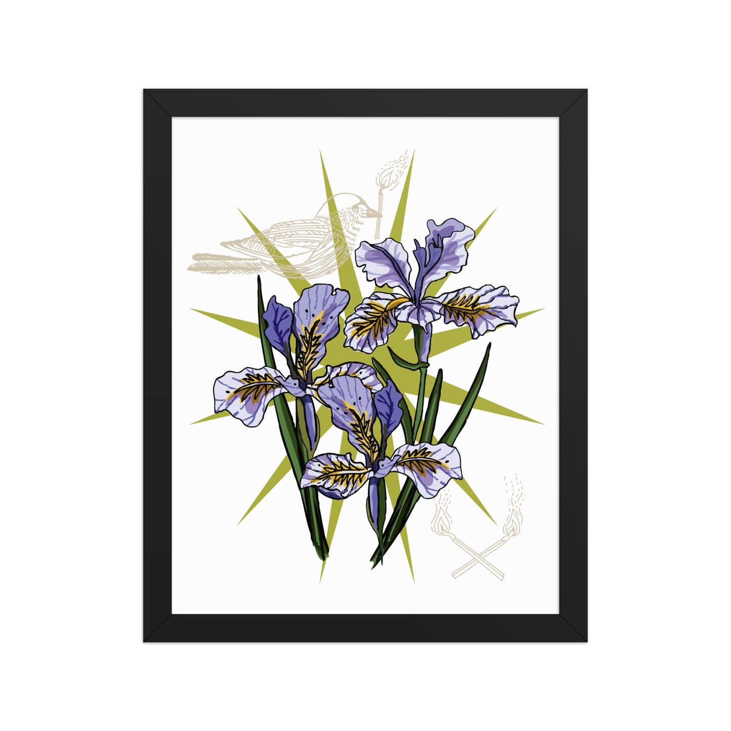 Iris Floral Bird Framed Art Print | Appalachian Rococo Poster | Flowers | Bird | Matches | Apartment Wall Decor | Black Wood Frame | 11x14