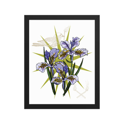 Iris Floral Bird Framed Art Print | Appalachian Rococo Poster | Flowers | Bird | Matches | Apartment Wall Decor | Black Wood Frame | 11x14