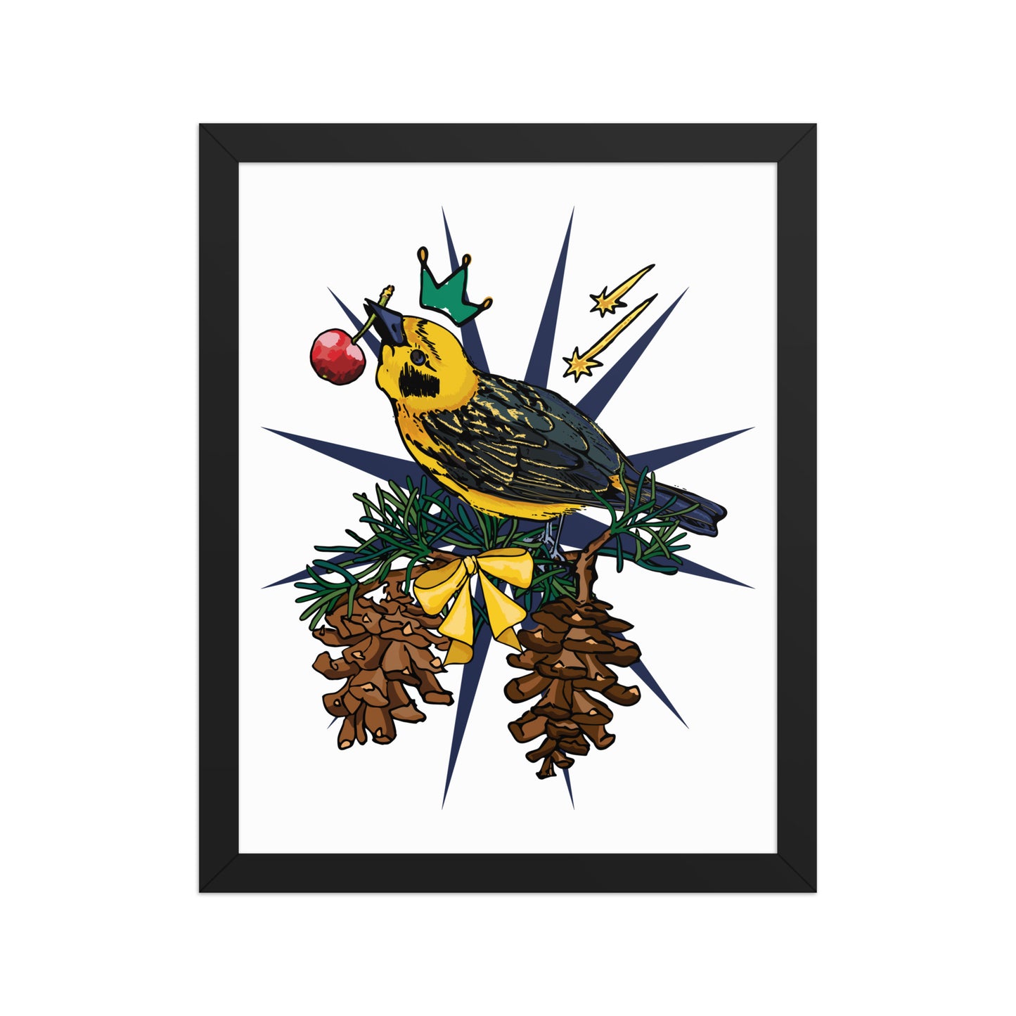 Gold Bird Framed Art Print | Appalachian Rococo Poster | Pine Tree | Golden Finch | Cherry | Apartment Wall Decor | Gallery Wall Home Decor | Black Wood Frame | 11x14