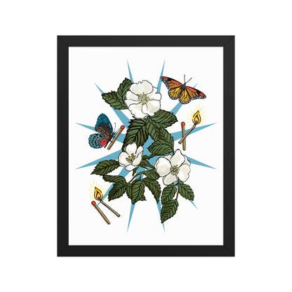 Floral Charm Framed Art Print | Appalachian Rococo Poster | White Roses | Butterflies | Matches | Apartment Wall Decor | Home Decor | Black Wood Frame | 8x10