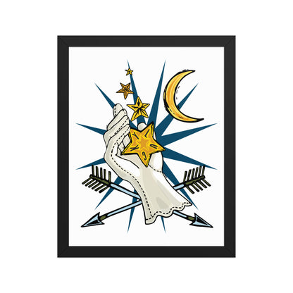 Lucky Stars Crescent Moon Framed Art Print | Appalachian Rococo Poster | Hand of Fate | Arrows | Celestial Art | Apartment Wall Decor | Black Wood Frame | 11x14