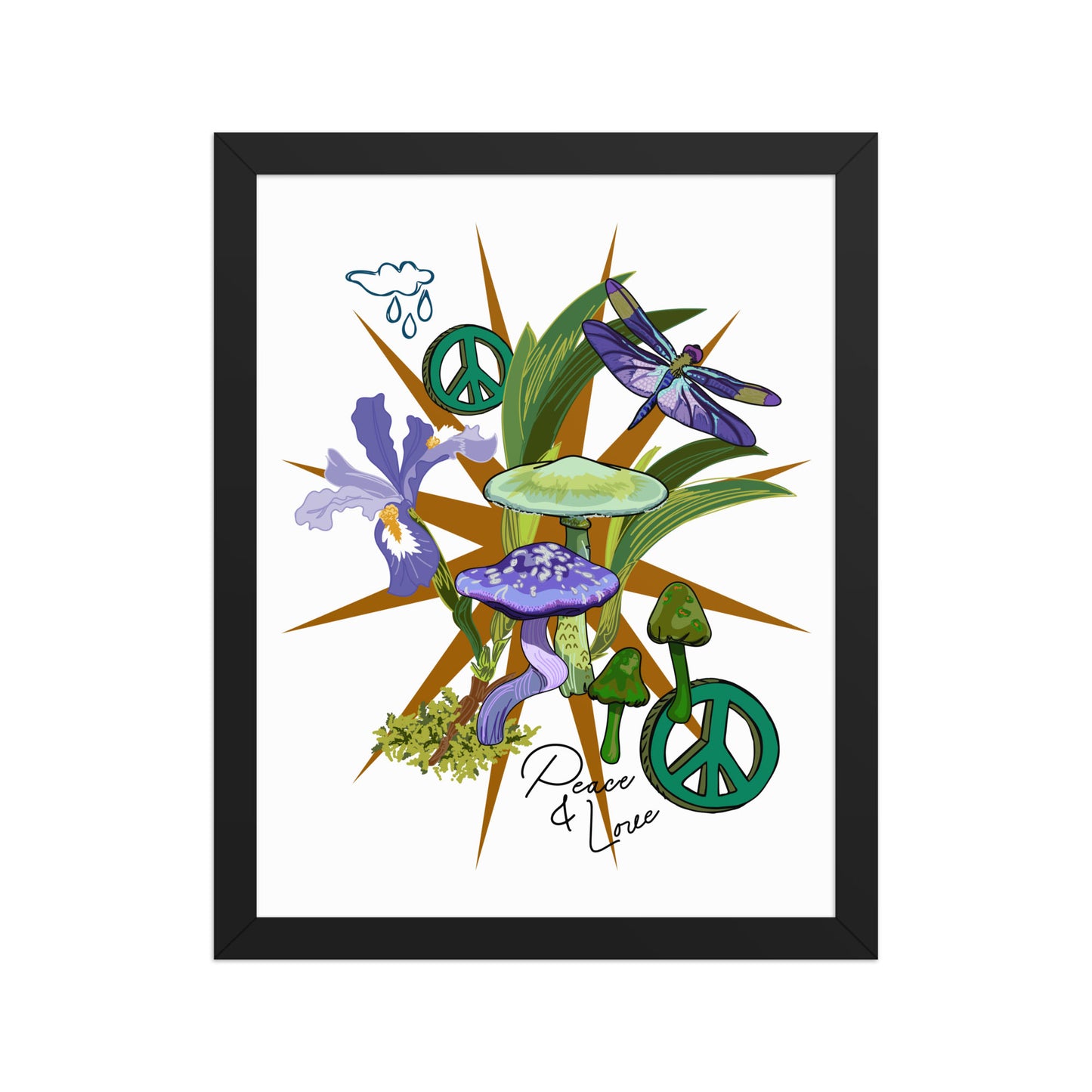 Mushroom Floral Peace Sign Framed Art Print | Appalachian Rococo Poster | Luck Charms | Peace & Love | Wild Iris | Apartment Wall Decor | Black Wood Frame | 11x14