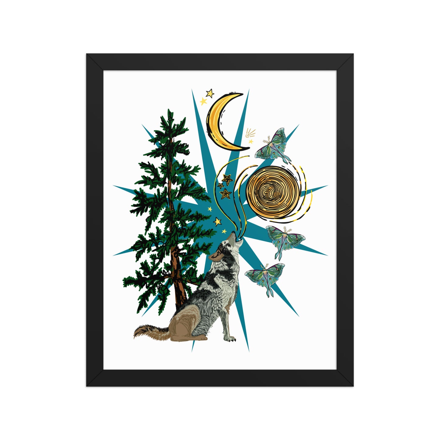 Wolf Moon Moth Framed Art Print | Appalachian Rococo Poster | Crescent Moon | Forest | Lucky Charms | Apartment Wall Decor Black Framed poster | 11x14