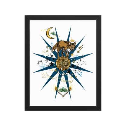 Celestial Fox Moon Framed Art Print | Appalachian Rococo Poster | Luck Charms | Divine Blessings | Stars | Moths | Apartment Wall Decor | Black Wood Frame | 11x14