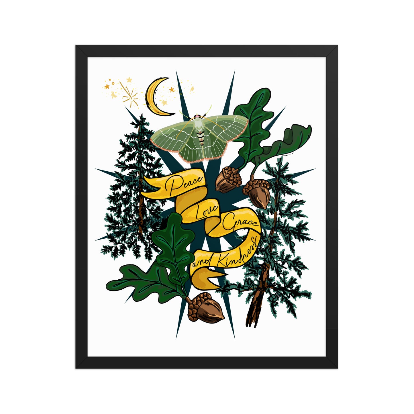 Forest Moth and Moon Framed Art Print | Appalachian Rococo Poster | Luck Charms | Peace & Love | Crescent Moon | Apartment Wall Decor | Black Wood Frame | 16x20
