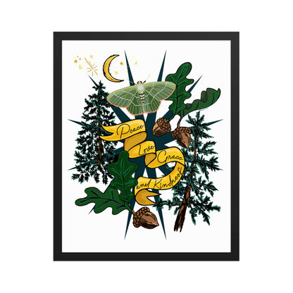 Forest Moth and Moon Framed Art Print | Appalachian Rococo Poster | Luck Charms | Peace & Love | Crescent Moon | Apartment Wall Decor | Black Wood Frame | 16x20