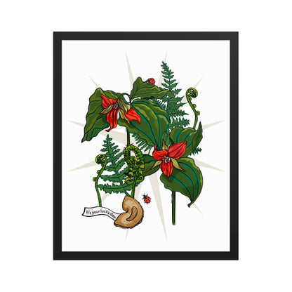 Flower Lucky Ladybug Framed Art Print | Appalachian Rococo Poster | Red Trillium | Fortune Cookie | Fern | Apartment Wall Decor | Black Wood Frame | 16x20