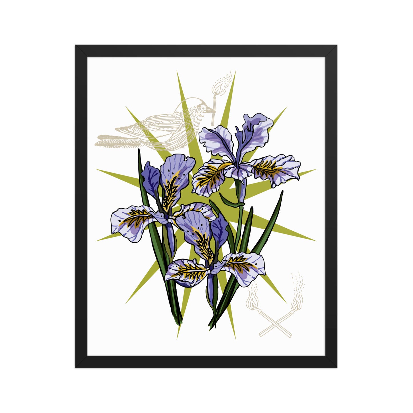 Iris Floral Bird Framed Art Print | Appalachian Rococo Poster | Flowers | Bird | Matches | Apartment Wall Decor | Black Wood Frame | 16x20