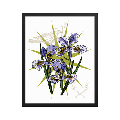 Iris Floral Bird Framed Art Print | Appalachian Rococo Poster | Flowers | Bird | Matches | Apartment Wall Decor | Black Wood Frame | 16x20